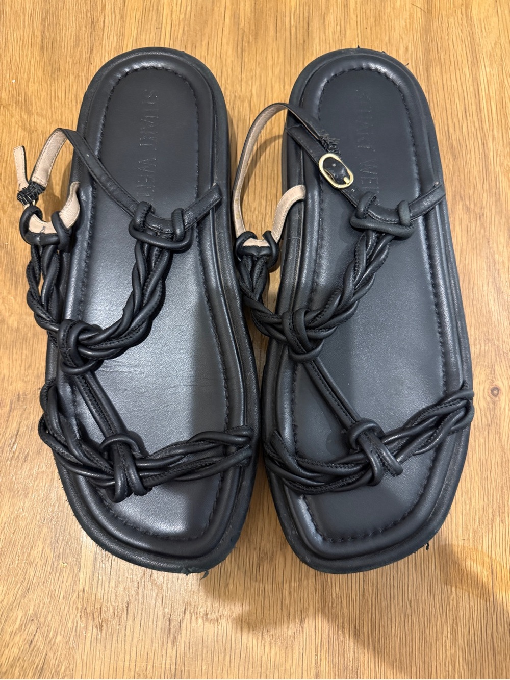 Stuart Weitzman Black Knotted Leather Strap Sandals